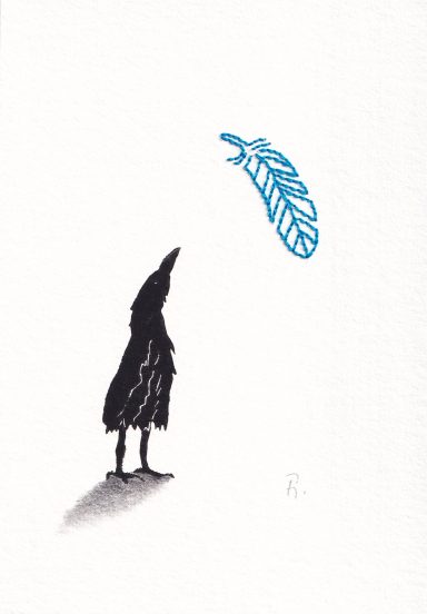 Eine schwarze Figur blickt nach oben auf eine schwebende blaue Feder.