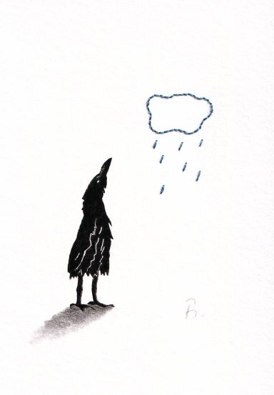 Eine schwarze Figur steht unter einer Wolke, aus der Regen fällt.
