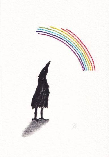 Silhouette einer Figur in Schwarz unter einem bunten Regenbogen.