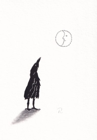 Eine silhouettenhafte Figur in einem langen schwarzen Umhang steht unter einem runden, zerbrochenen Mond.